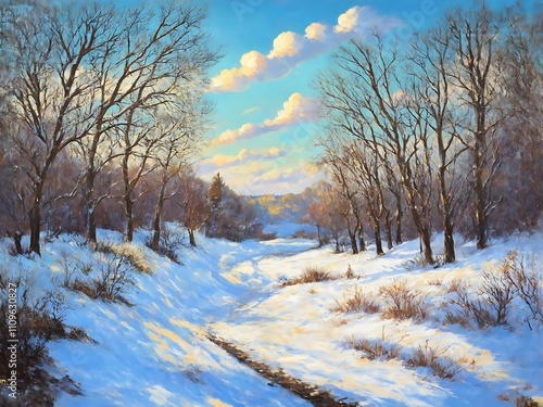 Winter landscape with trees on sunny day. Art. Creator Artist Nadia Russ.
