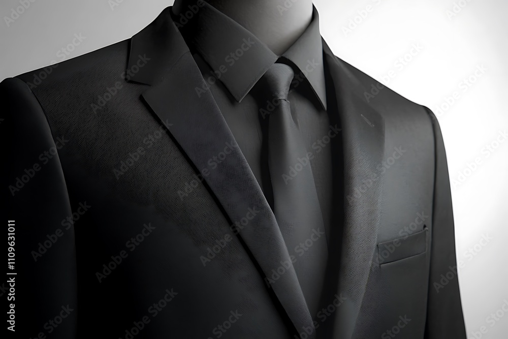 Sleek black business suit with a subtle sheen, displayed on a minimalistic white backdrop, full ultra HD quality, 32k resolution Sleek black business suit with a subtle sheen, displayed on a minimalistic white backdrop, full ultra HD quality, 32k resolution