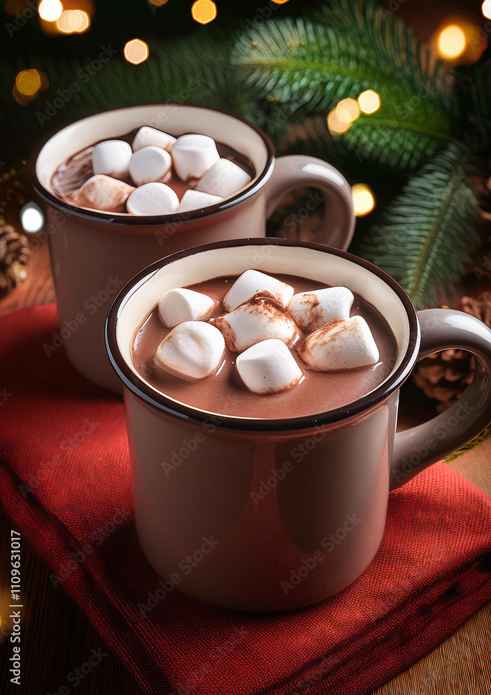Christmas Hot Chocolate with Marshmallows and Cinnamon in a Cozy Atmosphere Christmas Hot Chocolate with Marshmallows and Cinnamon in a Cozy Atmosphere