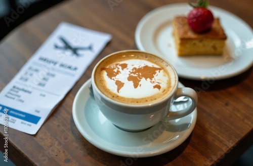 World map made of cinnamon on cappuccino foam. Cup of coffee, dessert, boarding passes. Travel concept. Cappuccino at the airport