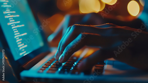 A person is typing on a laptop with a black screen