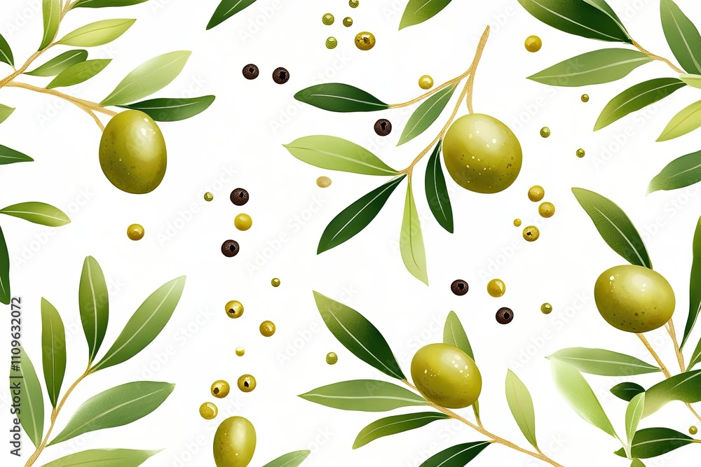 Obraz premium Seamless pattern featuring capers, olive branches, and peppercorns for food packaging and kitchen decor