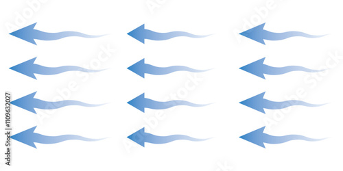 Air flow. Set of blue arrows showing direction of air movement. Wind direction arrows.  Vector illustration isolated on white background.