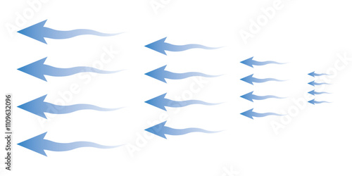 Air flow. Set of blue arrows showing direction of air movement. Wind direction arrows.  Vector illustration isolated on white background.