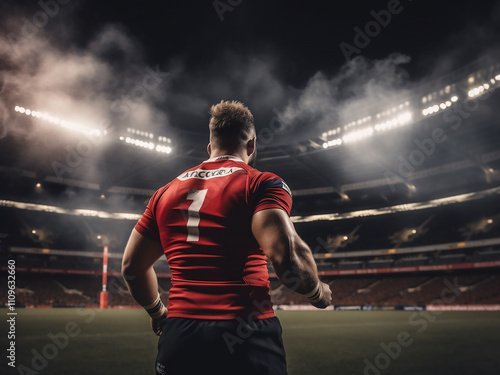 Athlete throwing rugby ball from the rear view against rugby stadium background