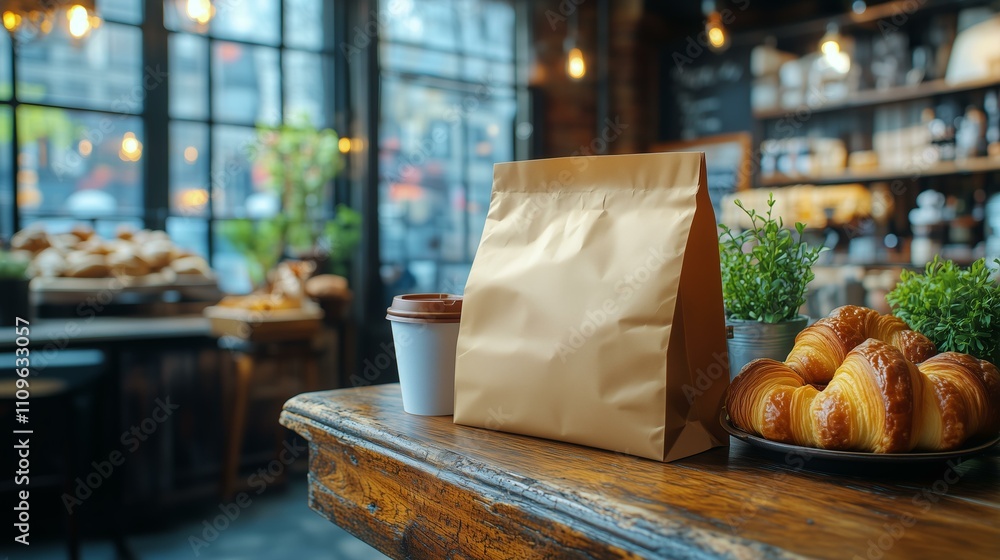 Cozy cafe with fresh croissants and coffee in a rustic setting Cozy cafe with fresh croissants and coffee in a rustic setting
