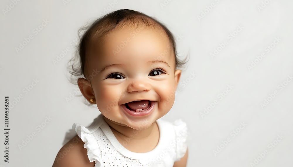 Smiling baby girl with a big grin, isolated in a white studio setting, high resolution and realistic capture Smiling baby girl with a big grin, isolated in a white studio setting, high resolution and realistic capture