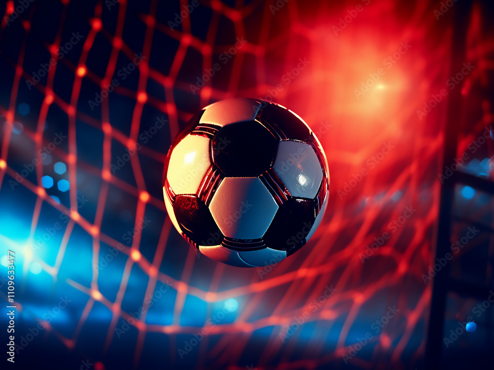 Naklejka premium 3D illustration of a soccer ball in the soccer goal net designed for a realistic look