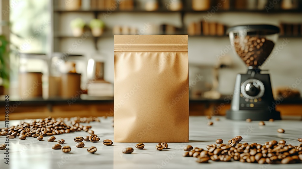 Eco-friendly coffee packaging in modern cafe with grinder and beans Eco-friendly coffee packaging in modern cafe with grinder and beans