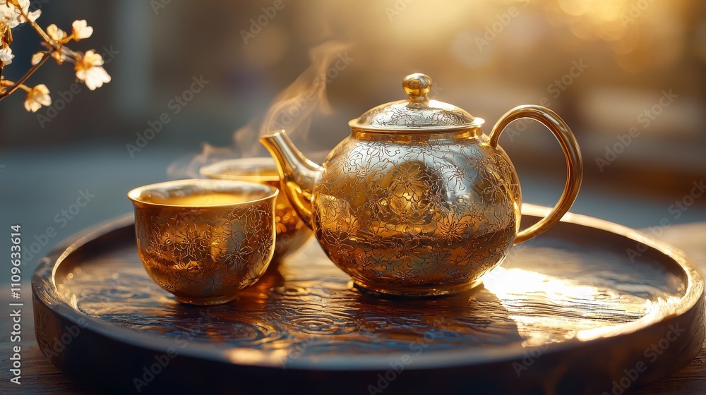 Fototapeta premium A golden teapot and cup on a tray, emitting steam in a warm, sunlit ambiance, evoking a serene tea time moment.