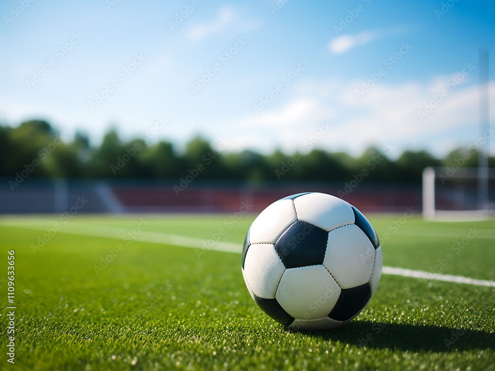 Obraz premium Soccer ball positioned on a football field marking line
