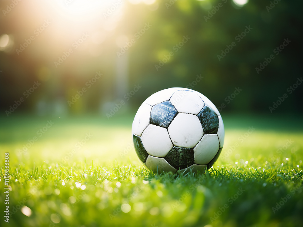 Fototapeta premium Soccer ball resting on the grass in a soccer stadium with background focus