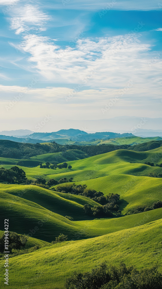 Lush green hills stretch into distance under vibrant blue sky Lush green hills stretch into distance under vibrant blue sky