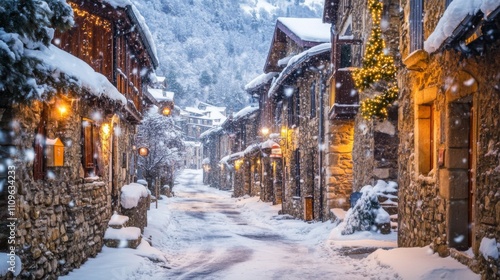 Snow-covered Stone Village Street with Christmas Lights