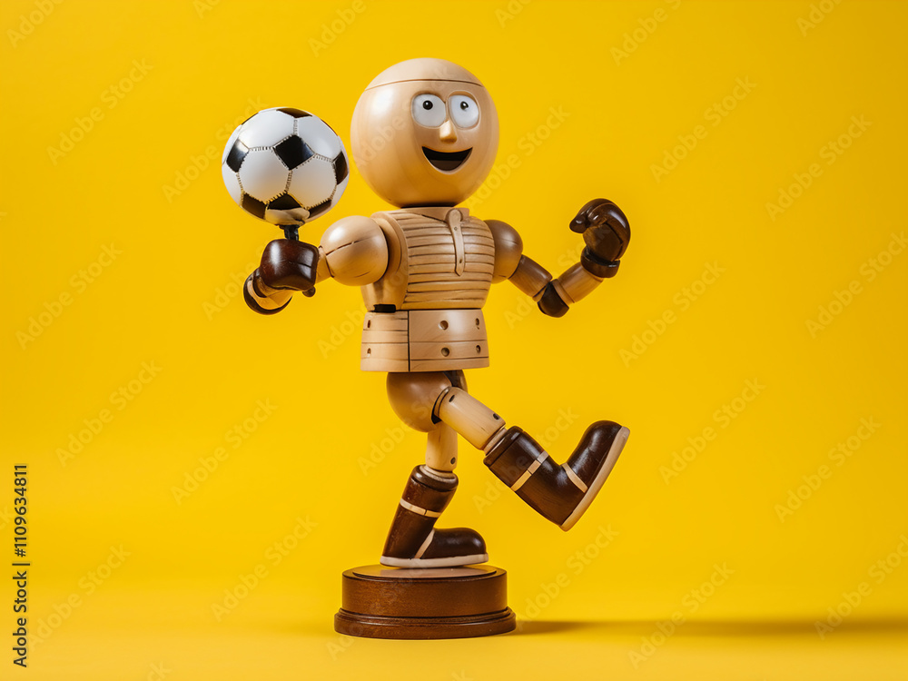Wooden puppet runs with a soccer ball and a championship cup on a yellow background Wooden puppet runs with a soccer ball and a championship cup on a yellow background