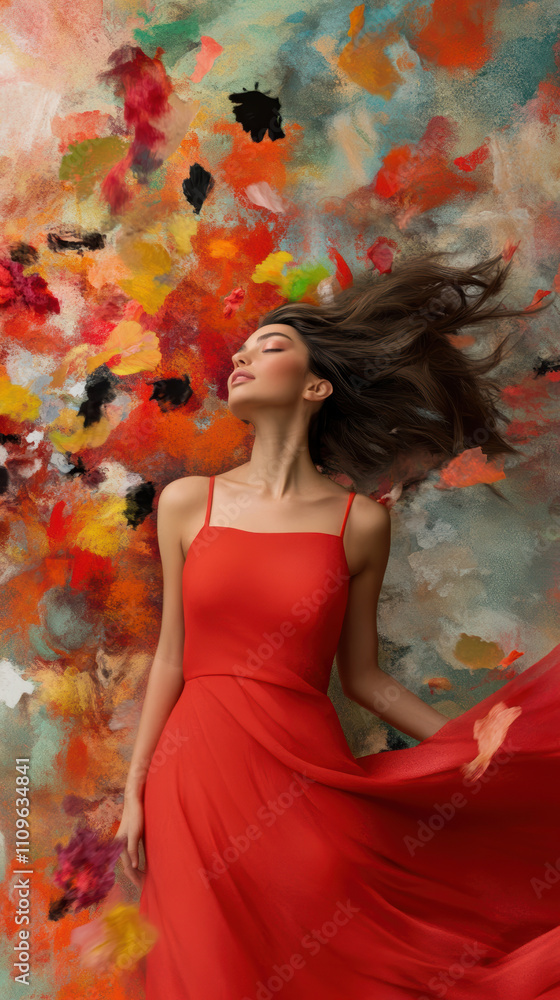Portrait of woman in flowing red dress against vibrant abstract background Portrait of woman in flowing red dress against vibrant abstract background