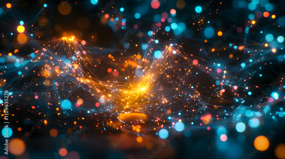 Fototapeta premium A mesmerizing digital vortex with glowing orange streams and sparkling particles flowing dynamically.