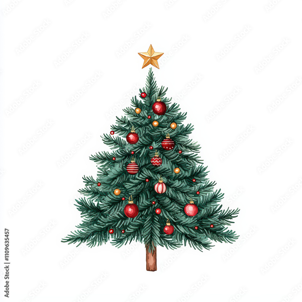 Fototapeta premium beautifully decorated Christmas tree with ornaments and star on top, showcasing vibrant colors and festive spirit. Perfect for holiday celebrations