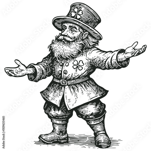 Irish leprechaun with outstretched arms, engraving style, vector illustration.