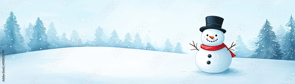 cheerful snowman in snowy landscape with pine trees, wearing black hat and red scarf, brings joyful winter atmosphere cheerful snowman in snowy landscape with pine trees, wearing black hat and red scarf, brings joyful winter atmosphere