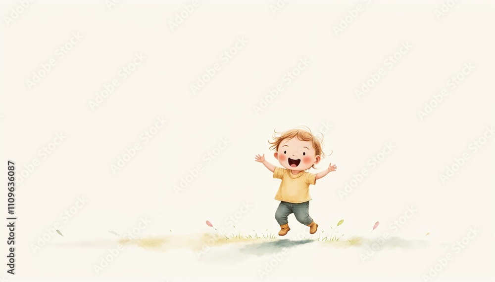 Mirthful toddler joyfully running on a grassy field with a light background Mirthful toddler joyfully running on a grassy field with a light background