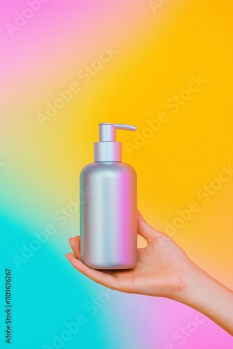 hand holding a multi use silver aluminium bottle with a pump lid, modern vibrant holographic gradient background photo