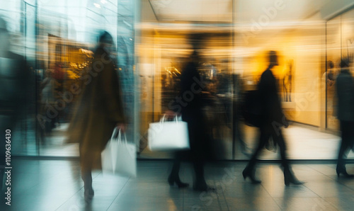 Beautiful motion blur of people walking in the morning rush hour, busy modern life concept 