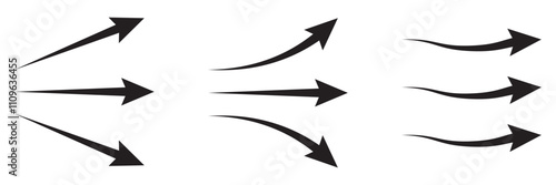 Set of black arrows. Airflow direction. The flow of the wind. Wavy pointers in provo, up, down. Vector illustration. Breathable fabric vector icon on white background