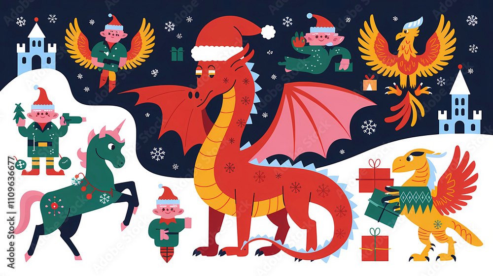 Set of christmas themed dragon, unicorn and tiger, mythical creatures and gifts, abstract background, design illustration wallpaper Set of christmas themed dragon, unicorn and tiger, mythical creatures and gifts, abstract background, design illustration wallpaper