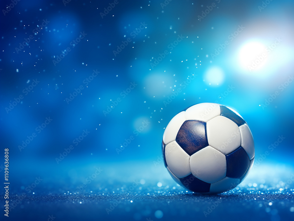 Naklejka premium 3D rendered football on a blue bokeh gradient background with room for text