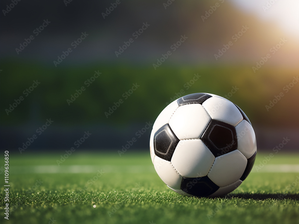 Obraz premium 3D rendered black and white soccer ball on a green field with space for text and grain effect