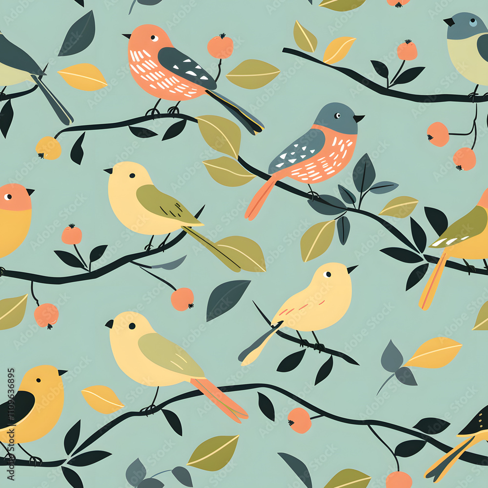 Cute Birds on Branches Seamless Pattern Cute Birds on Branches Seamless Pattern