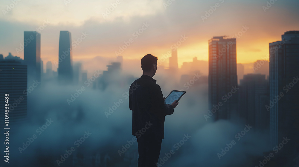 A man stands on a rooftop holding a tablet, overlooking a city skyline shrouded in fog during sunset A man stands on a rooftop holding a tablet, overlooking a city skyline shrouded in fog during sunset