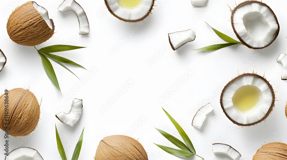 Realistic spread of coconut oil with fresh coconut slices on a white background Realistic spread of coconut oil with fresh coconut slices on a white background