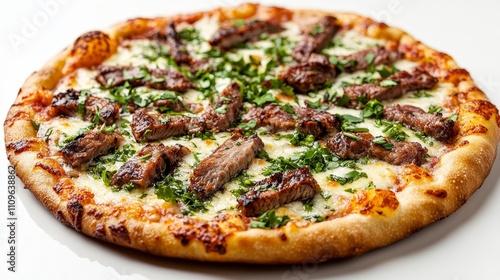 A gourmet pizza topped with grilled carne asada, melted cheese, and fresh cilantro on a golden crust