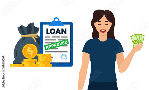 Approved Loan or Mortgage - happy girl with money. Vector illustration.