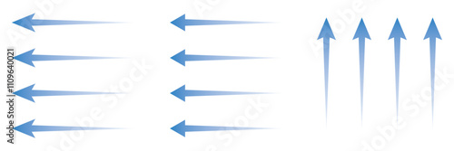 Air flow. Set of blue arrows showing direction of air movement. Wind direction arrows.  Vector illustration isolated on white background.