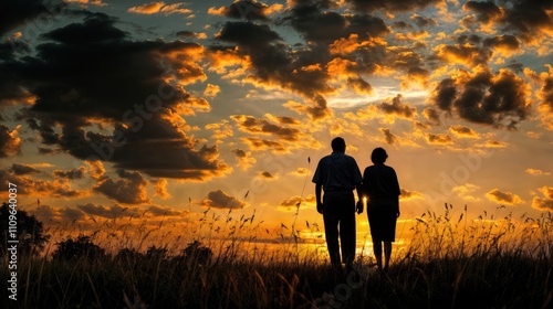 Silhouette of an old couple on the background of the sunset. Old couple on the background of a beautiful sky.