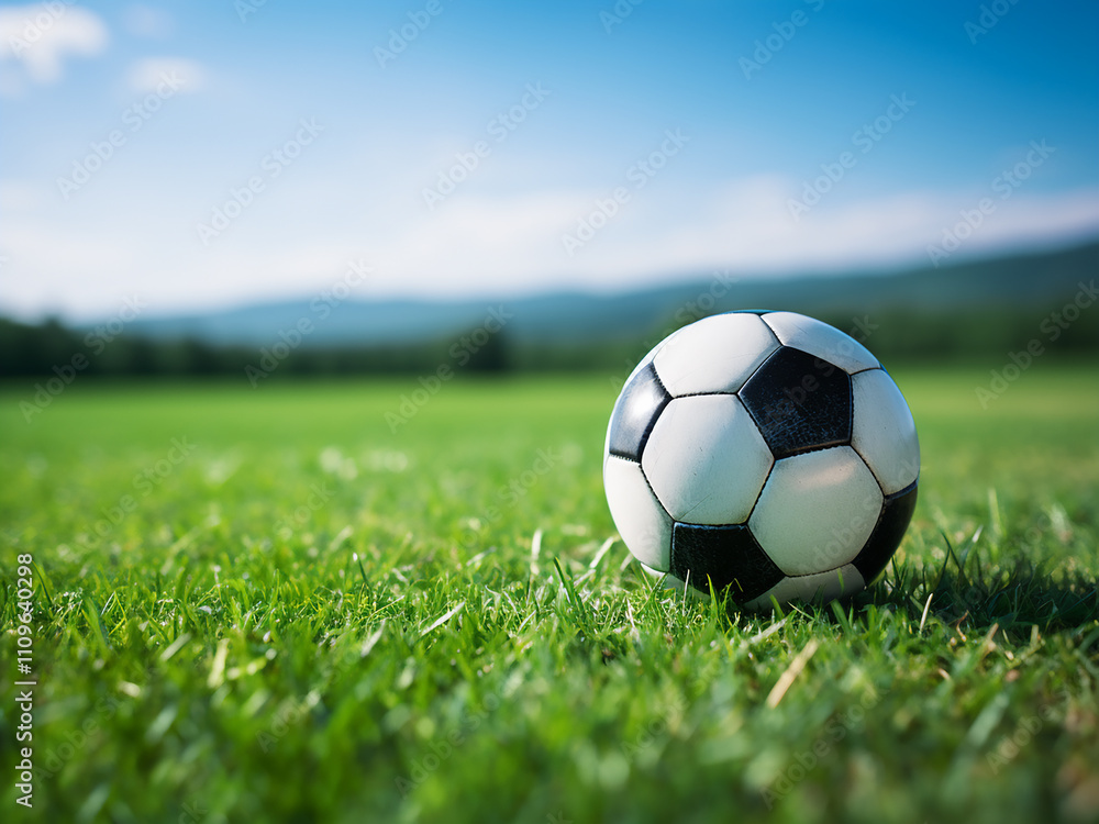 Fototapeta premium Football resting on a green field for a sports game