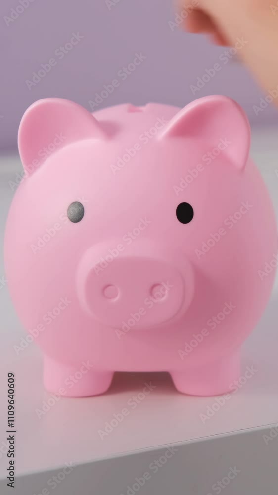 Vertical video. Close-up of a young girl concentrating as she places coins into her piggy bank, practicing personal finance skills and understanding the importance of saving