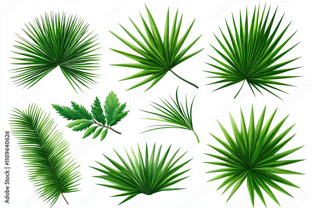 Collection of various green tropical leaves on white background, showcasing diverse shapes and textures. Perfect for nature themed designs or botanical illustrations Collection of various green tropical leaves on white background, showcasing diverse shapes and textures. Perfect for nature themed designs or botanical illustrations