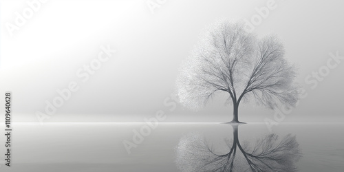 A minimalist abstract depiction of a solitary tree with bare branches reflected on a calm, gray surface under a foggy sky photo