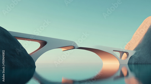 3D render of an elegant futuristic bridge spanning a calm river photo