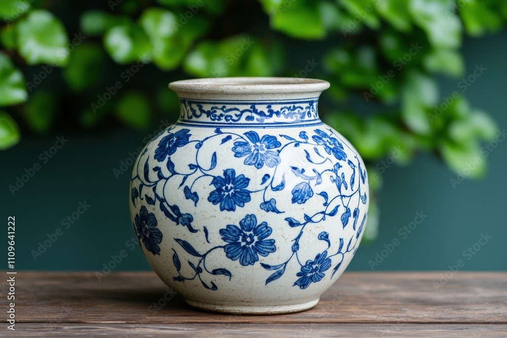 Ornate blue and white ceramic vase with floral design Ornate blue and white ceramic vase with floral design