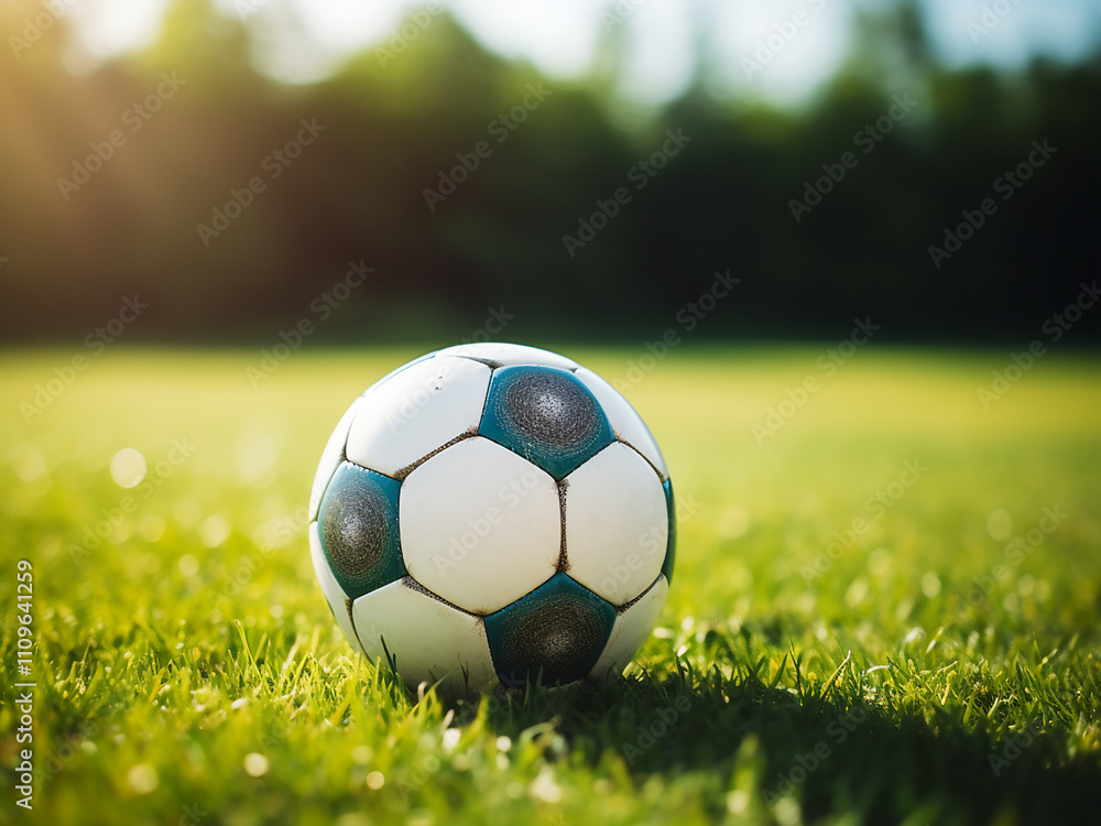 Obraz premium Soccer ball resting on the green grass field