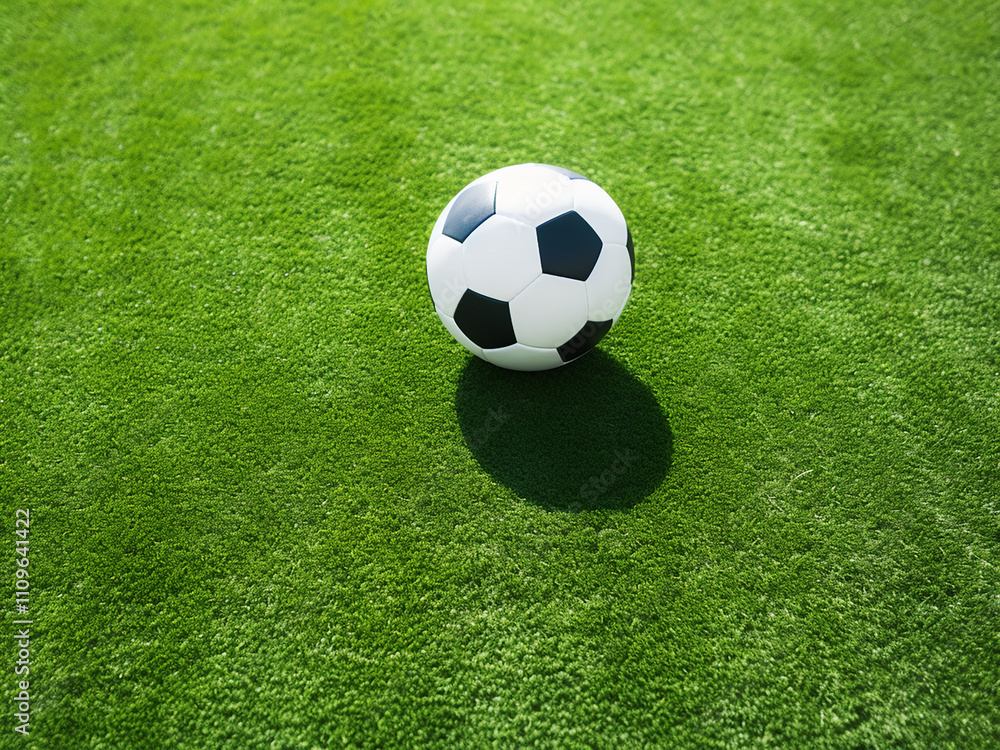 Green artificial turf soccer field with white lines and shadow from the goal net Green artificial turf soccer field with white lines and shadow from the goal net