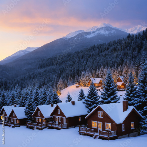 Cozy Mountain Village: Twilight Snowfall and Warm Cottage Glow photo