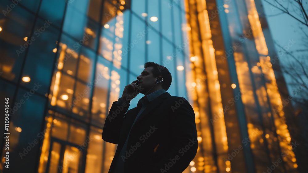A man in a blazer is talking on a phone, silhouetted against a backdrop of illuminated glass buildings at dusk A man in a blazer is talking on a phone, silhouetted against a backdrop of illuminated glass buildings at dusk
