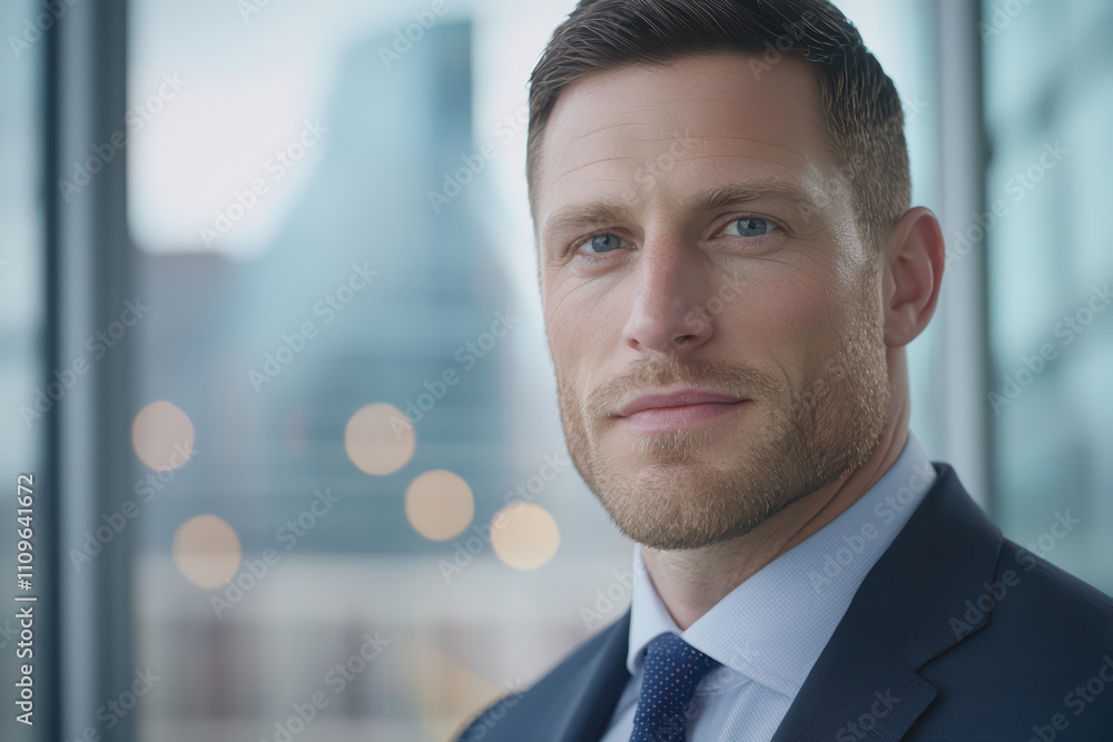 Confident businessman posing in modern office environment, showcasing professionalism and determination Confident businessman posing in modern office environment, showcasing professionalism and determination