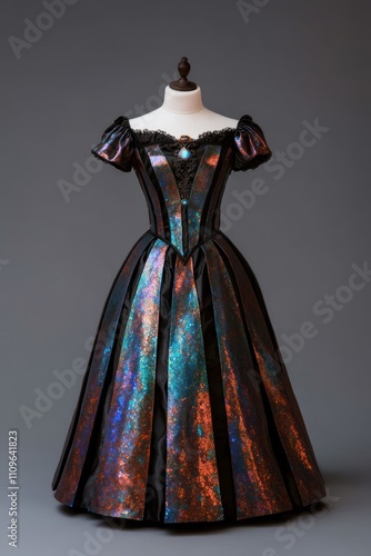 Elaborate historical costume dress with vibrant iridescent pattern